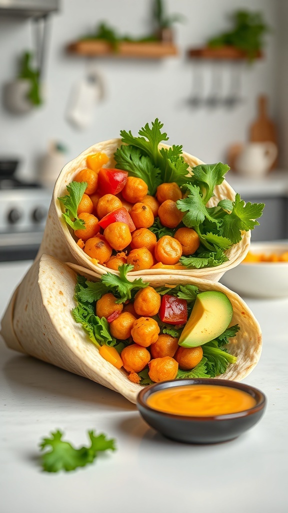 A spicy chickpea wrap filled with chickpeas, greens, and avocado, served with a dipping sauce.