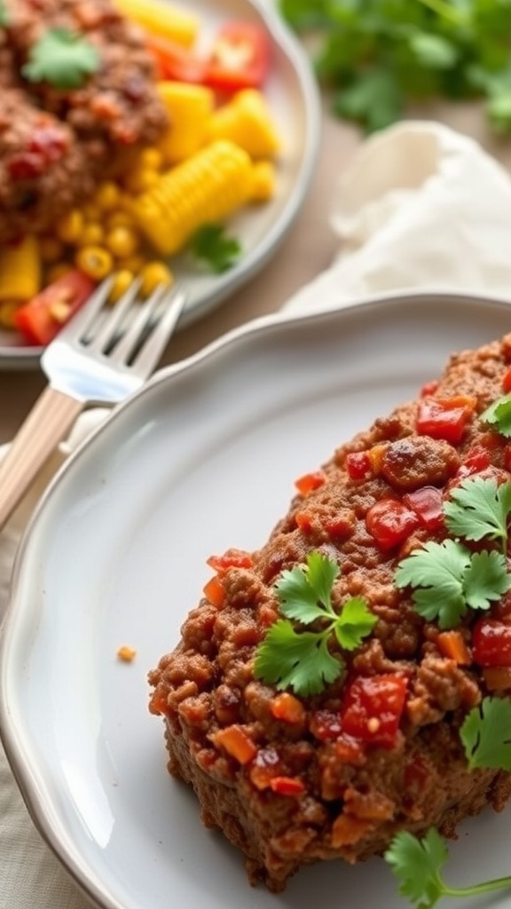Slice of spicy chipotle meatloaf with red peppers and cilantro on a plate, served with corn and pasta.
