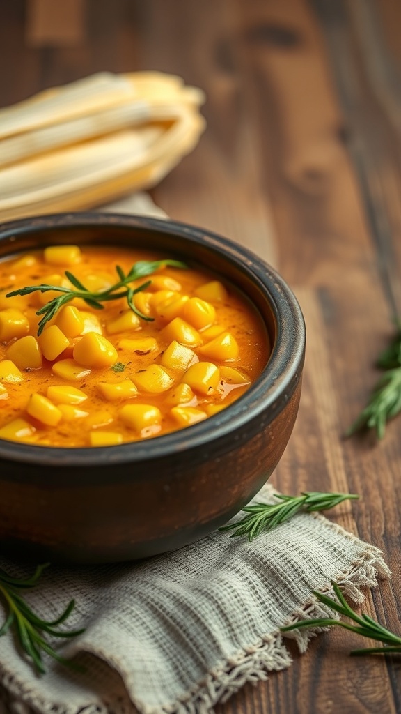 A bowl of spicy corn pudding with corn kernels and herbs on a wooden table.