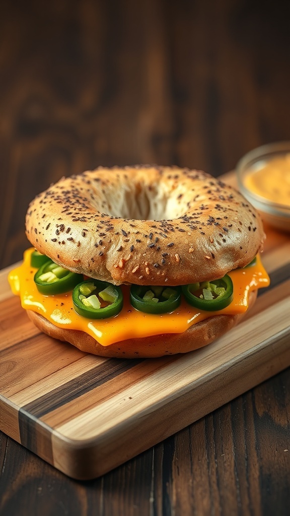 A spicy egg and cheese bagel with jalapeños on a wooden board.