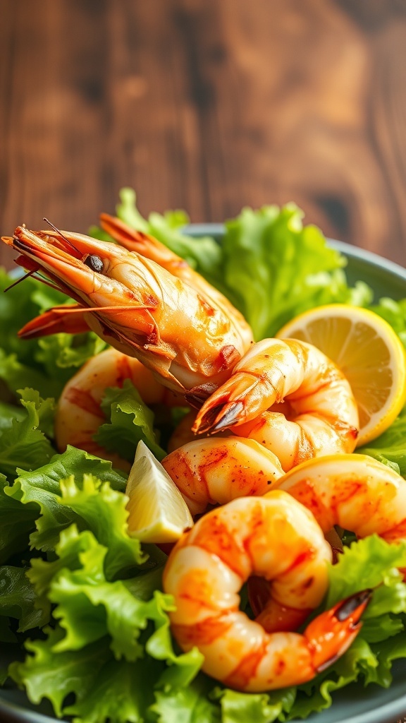 A plate of spicy garlic shrimp on a bed of lettuce with lemon slices.