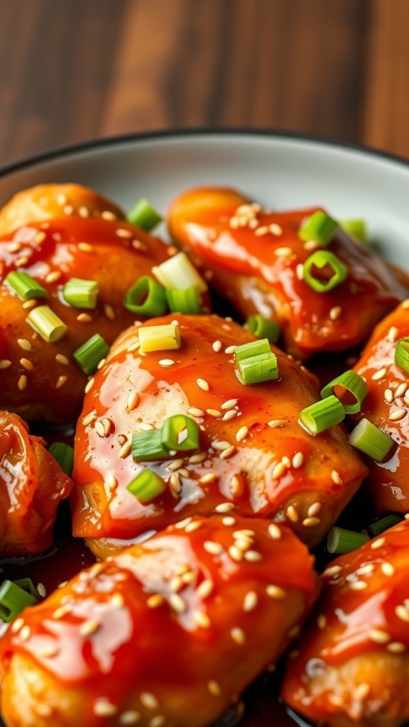 Spicy Korean chicken thighs garnished with green onions and sesame seeds