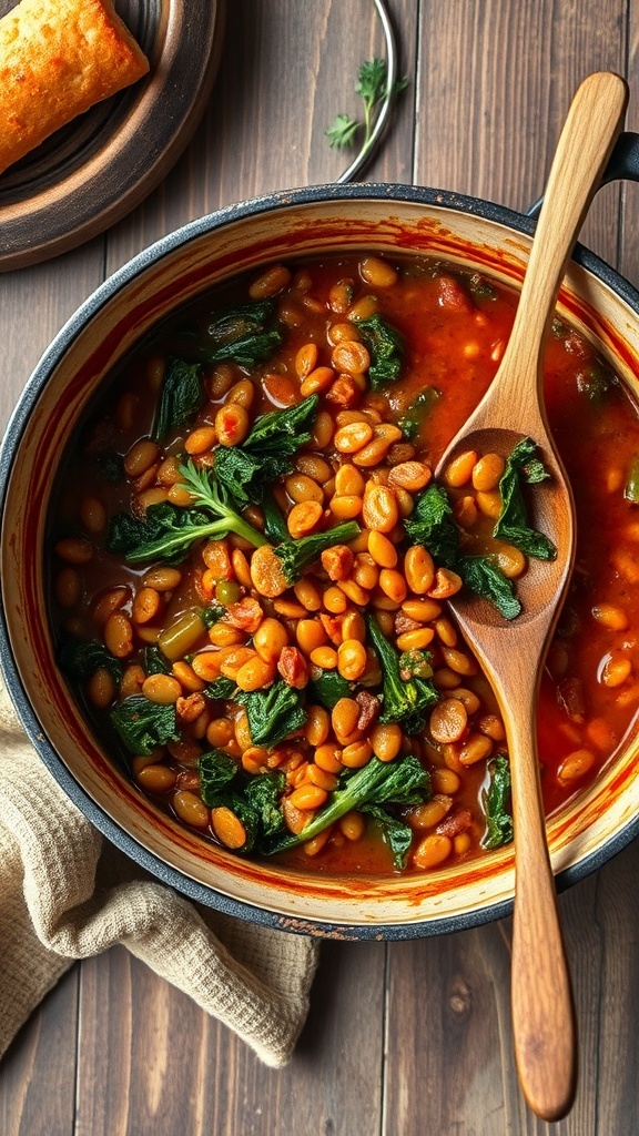 A bowl of spicy lentil and kale stew with a wooden spoon, garnished with fresh greens.
