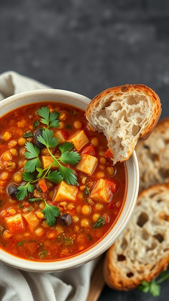 A bowl of spicy lentil soup garnished with fresh herbs, alongside slices of crusty bread.