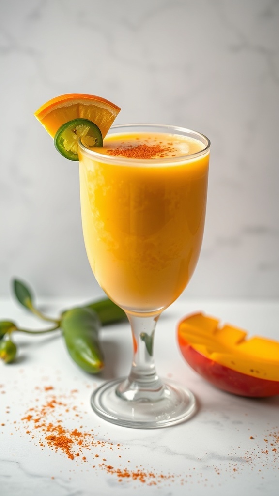 A vibrant Spicy Mango Jalapeño smoothie in a tall glass, garnished with mango and jalapeño slices, with chili powder sprinkled on top.