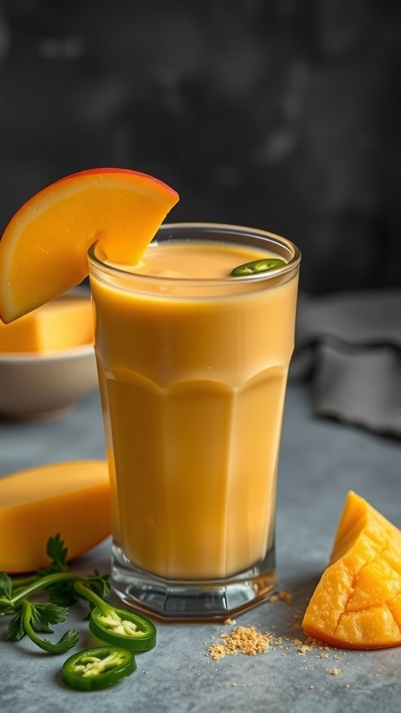 A glass of spicy mango smoothie with jalapeño and mango slices