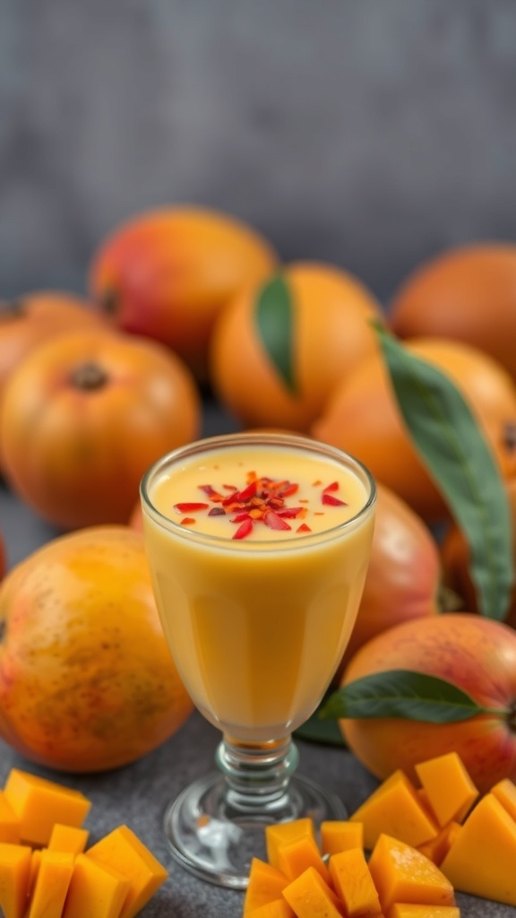 A glass of Spicy Mango Tango smoothie with mango chunks and whole mangoes in the background.