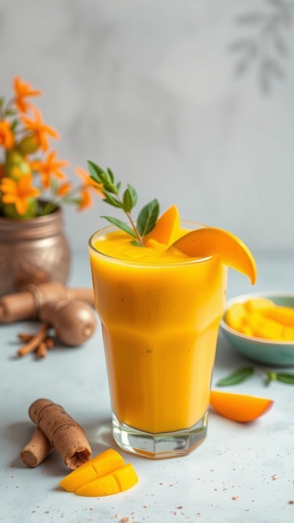 A glass of Spicy Mango Turmeric smoothie garnished with mango slices and turmeric root, with flowers in the background.
