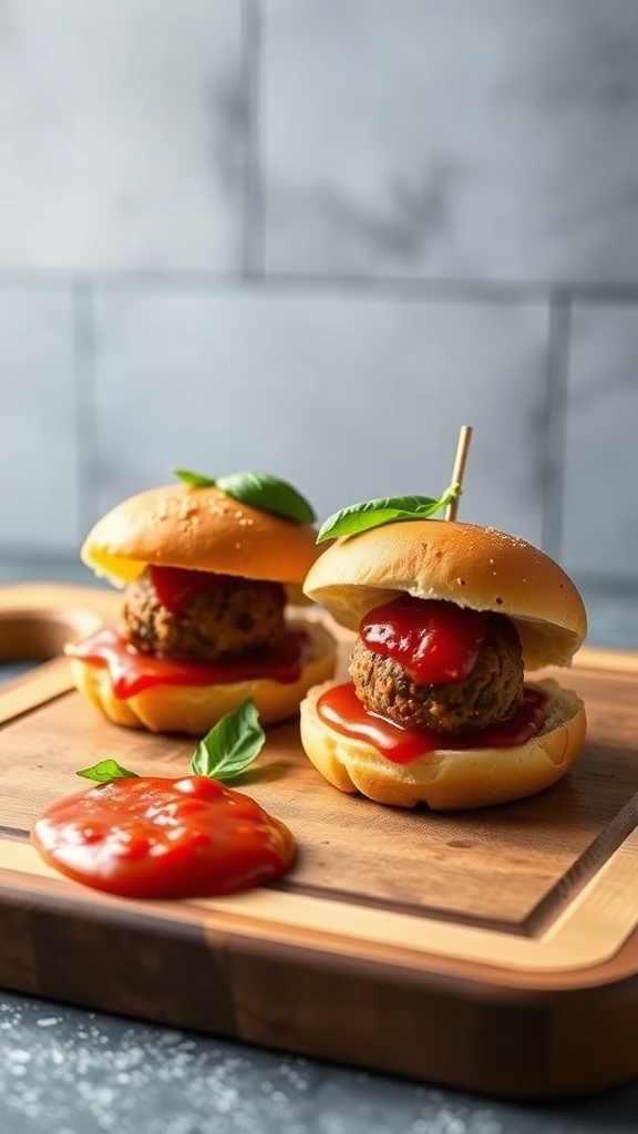 Two spicy meatball sliders with ketchup and basil on a wooden board.