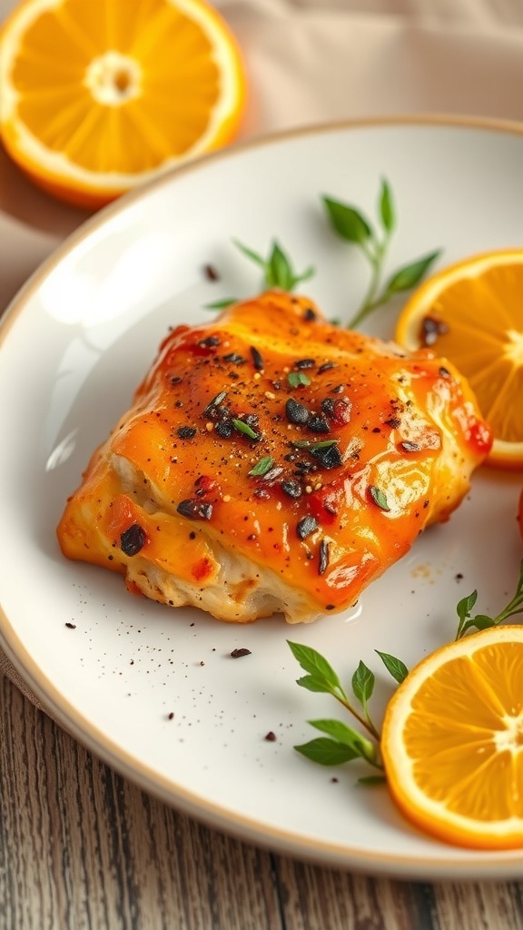 A plate of spicy orange chicken garnished with orange slices and herbs.