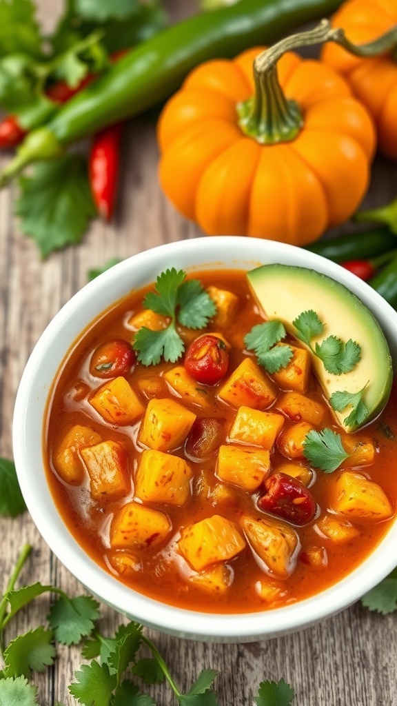 A bowl of spicy pumpkin chili garnished with cilantro and avocado, with a pumpkin and chili peppers in the background.
