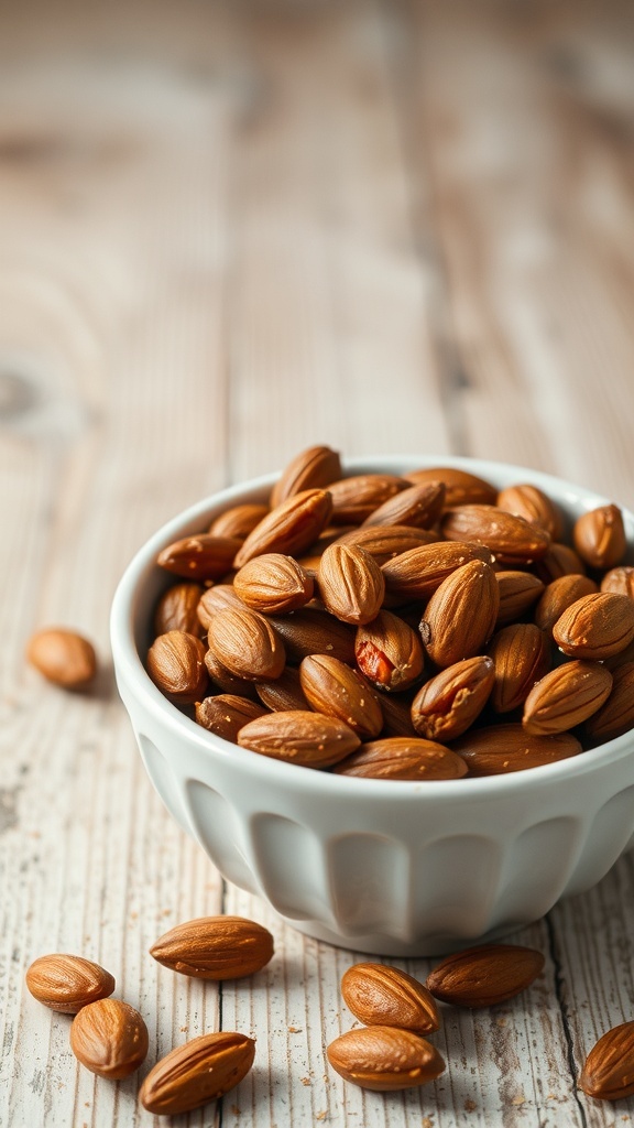 A bowl of spicy roasted almonds on a wooden table.