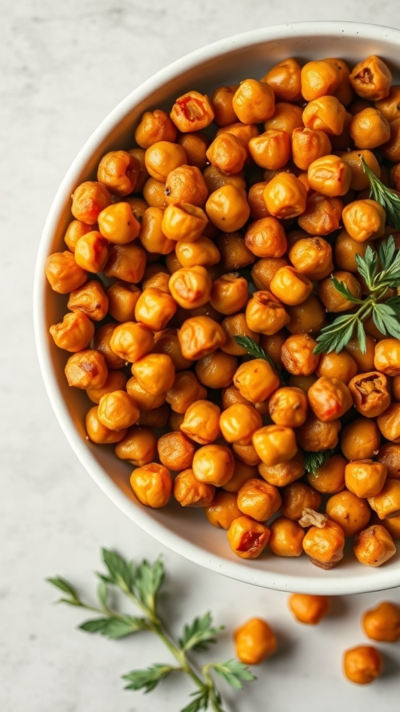 A bowl of spicy roasted chickpeas garnished with herbs.