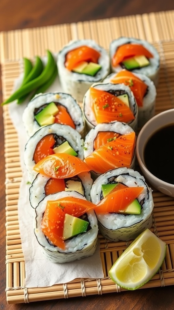 Delicious spicy salmon sushi rolls arranged on a bamboo mat with a side of soy sauce and lime.