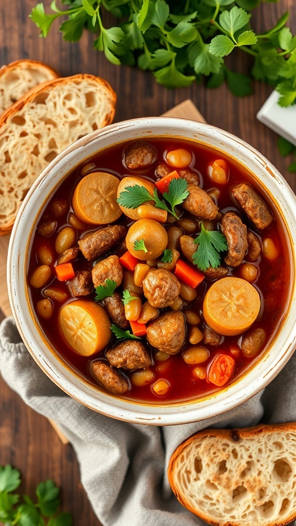 A bowl of spicy sausage and lentil stew with bread on the side.