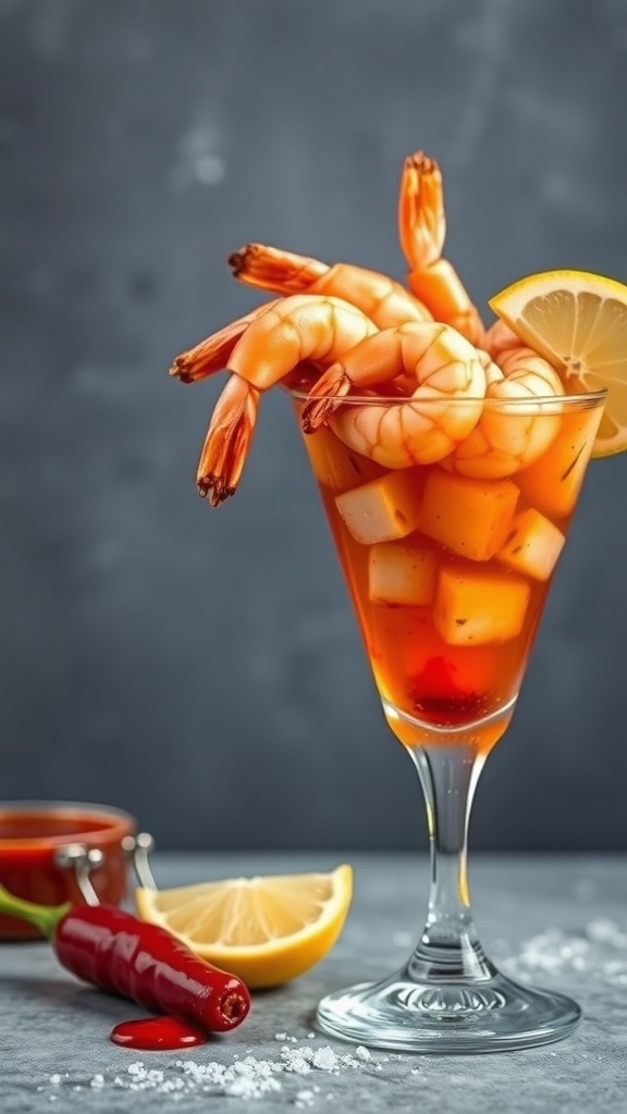 A vibrant spicy shrimp cocktail served in a glass with lemon slices and chili pepper on the side.