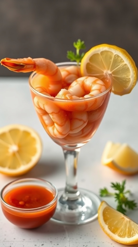 A glass of spicy shrimp cocktail with lemon slices and cocktail sauce