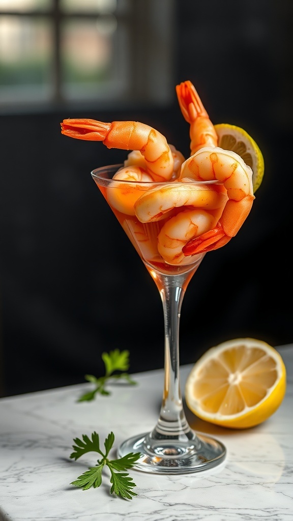 A glass of spicy shrimp cocktail with lemon and parsley garnish