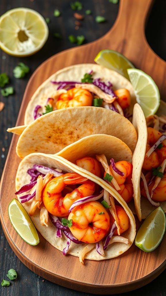 Spicy shrimp tacos with cabbage slaw on a wooden board, garnished with lime wedges.