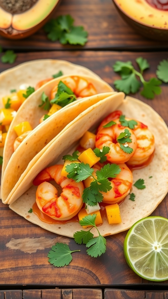 Spicy shrimp tacos with mango salsa, garnished with cilantro on a wooden table.
