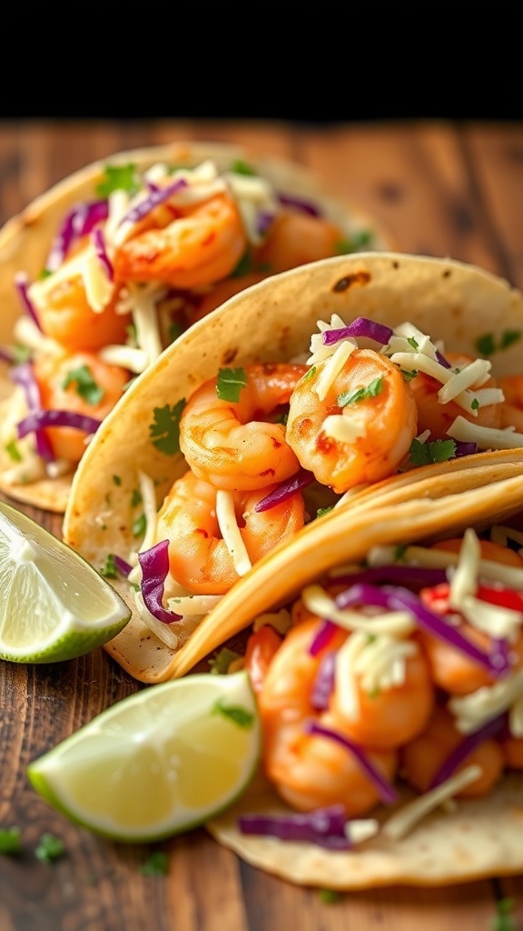 Spicy shrimp tacos with slaw and lime wedges on a wooden table