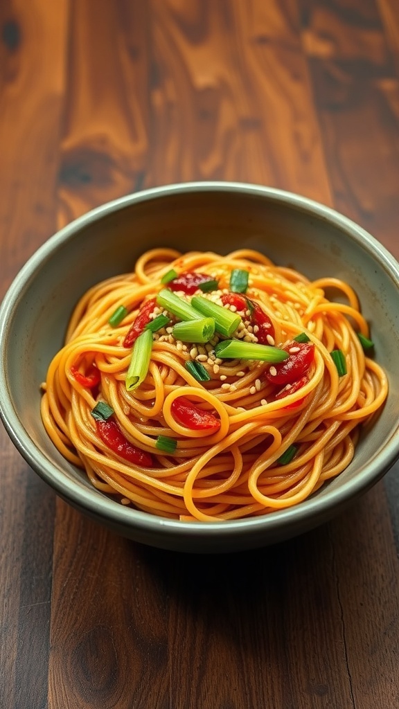 A bowl of spicy Sichuan noodles topped with green onions and sesame seeds.