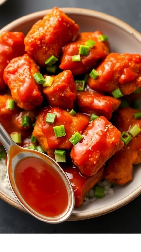 A spoonful of Sriracha sauce next to a bowl of spicy chicken