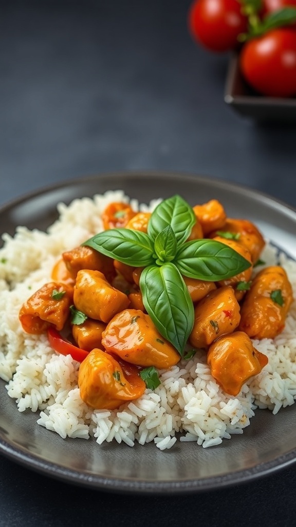 A plate of Spicy Thai Basil Chicken served over rice with fresh basil leaves on top.