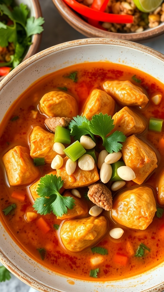 Bowl of spicy Thai peanut chicken with rice, garnished with peanuts and cilantro