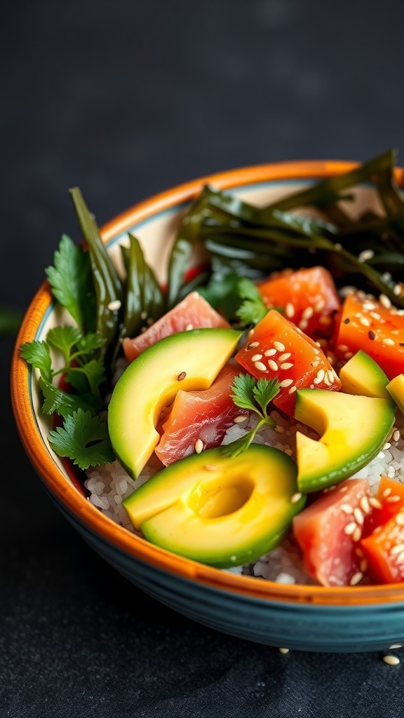 A colorful Spicy Tuna Poke Bowl with tuna, avocado, and rice.