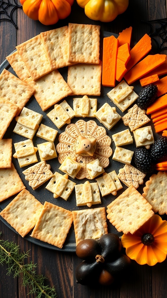 A Halloween charcuterie board featuring spider web crackers, orange cheese, and blackberries.