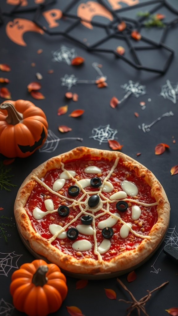 A spooky Spider Web Pizza decorated with olives and white sauce on a Halloween-themed table.