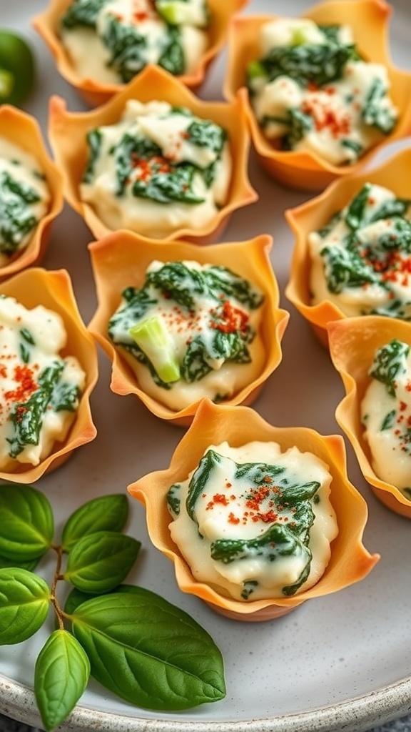 Crispy spinach and artichoke dip cups filled with creamy mixture, garnished with paprika.