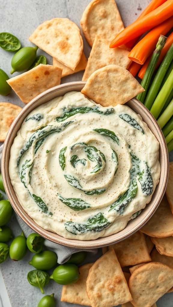 A bowl of spinach and artichoke dip surrounded by pita chips and fresh vegetables.