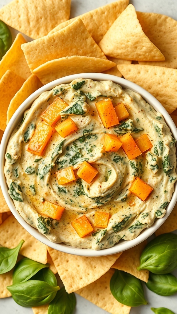 A bowl of spinach and artichoke dip topped with cheese, surrounded by tortilla chips.