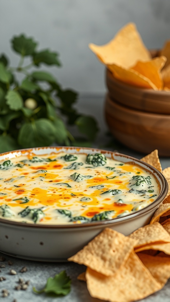 A bowl of spinach and artichoke dip surrounded by tortilla chips.