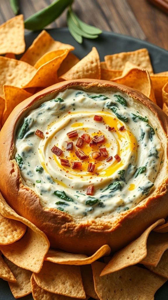 A bowl of creamy spinach and artichoke dip surrounded by tortilla chips, topped with bacon bits.