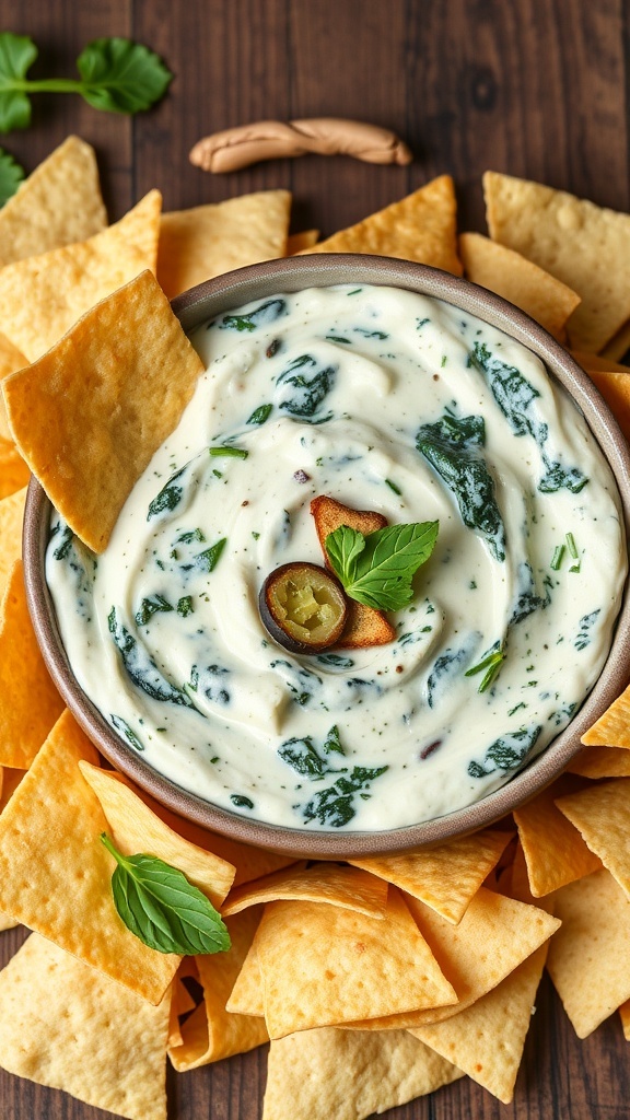 A bowl of spinach and artichoke dip surrounded by tortilla chips.