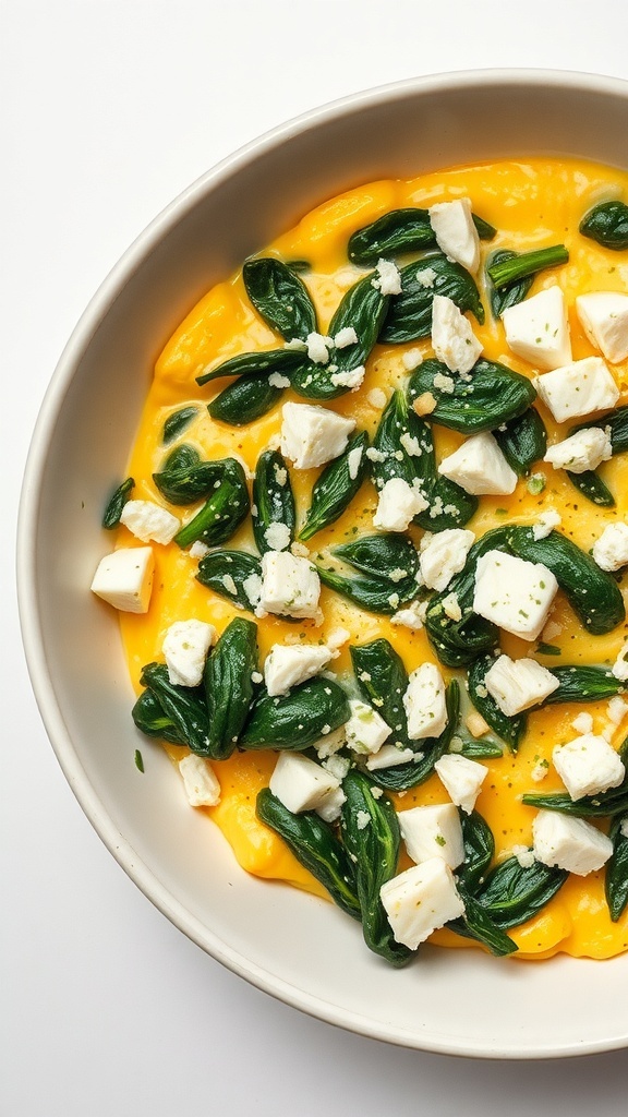 A bowl filled with scrambled eggs, fresh spinach, and crumbled feta cheese.