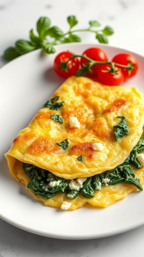 A delicious spinach and feta omelette served on a plate with cherry tomatoes.