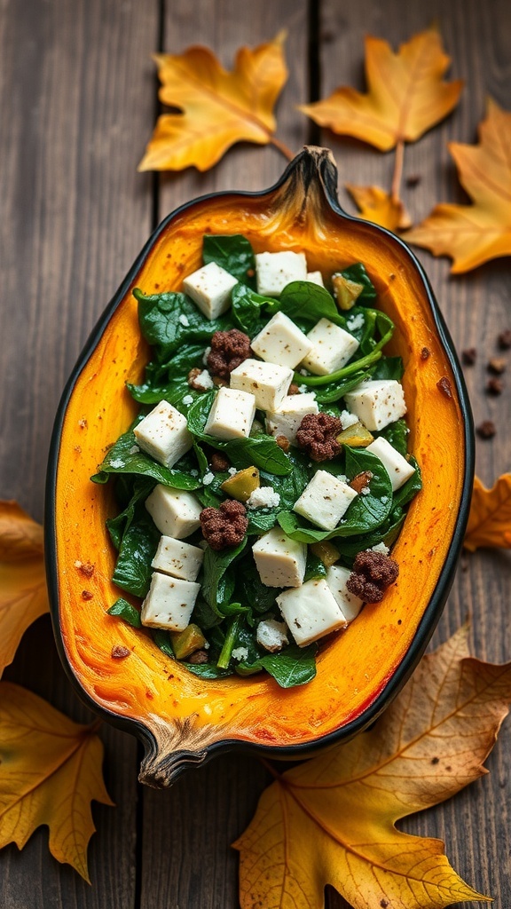 A beautifully presented acorn squash stuffed with spinach and feta, surrounded by autumn leaves.