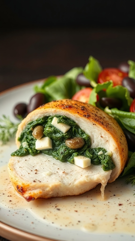A close-up of spinach and feta stuffed chicken breast with a side salad.