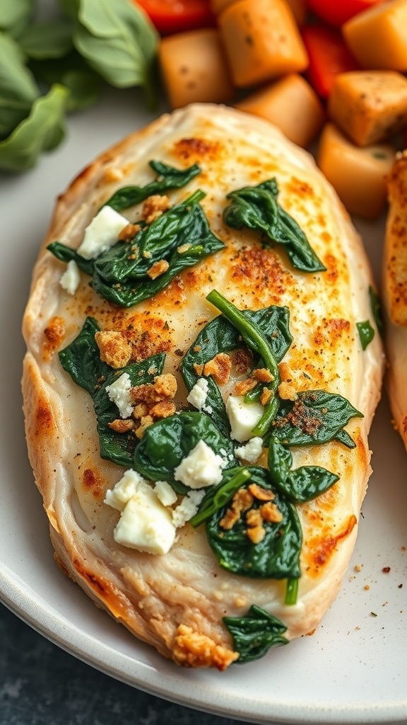 A plate of spinach and feta stuffed chicken with colorful vegetables on the side.