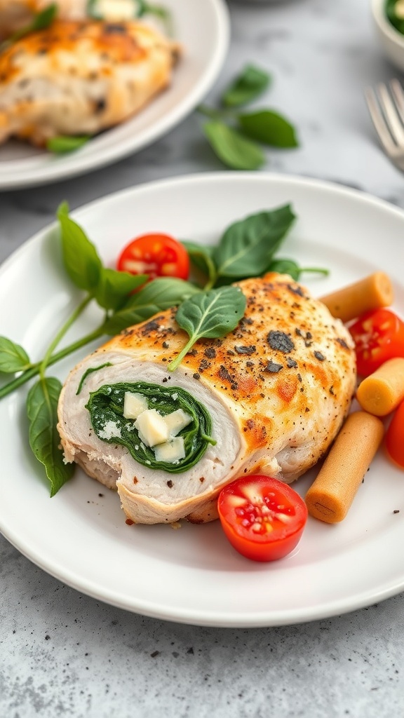 A plate of Spinach and Feta Stuffed Chicken with cherry tomatoes and basil.