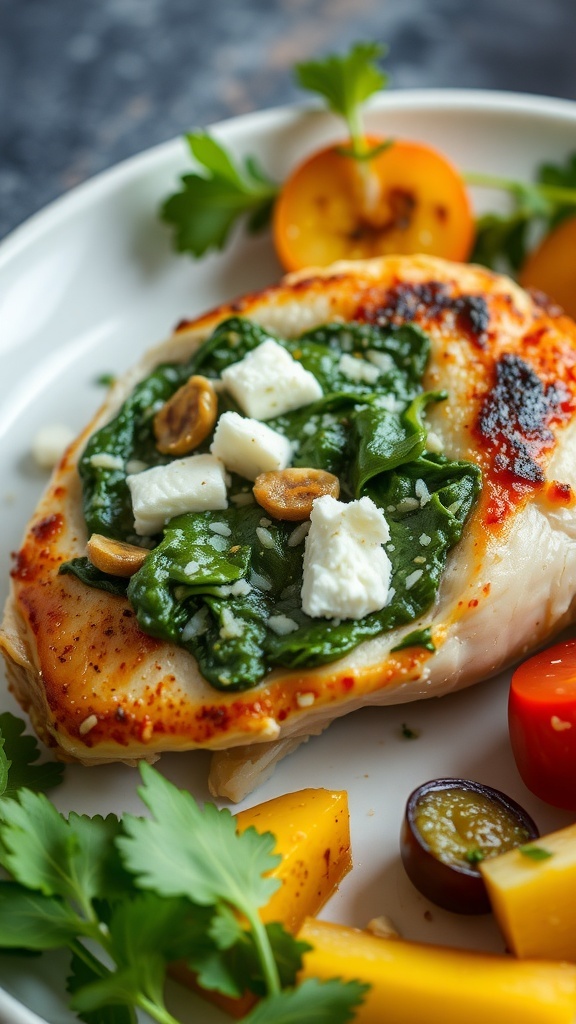 Spinach and feta stuffed chicken breast on a plate with colorful vegetables