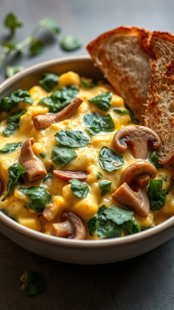 A bowl of spinach and mushroom egg scramble with a slice of toasted bread on the side.
