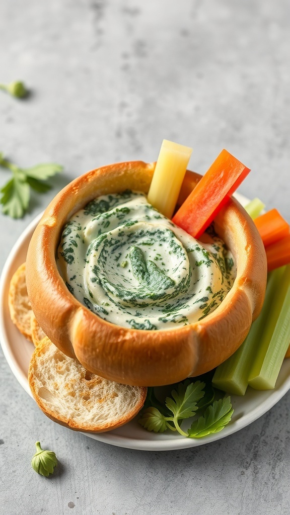 A bowl of spinach artichoke dip in a bread bowl, surrounded by colorful vegetable sticks and slices of bread.
