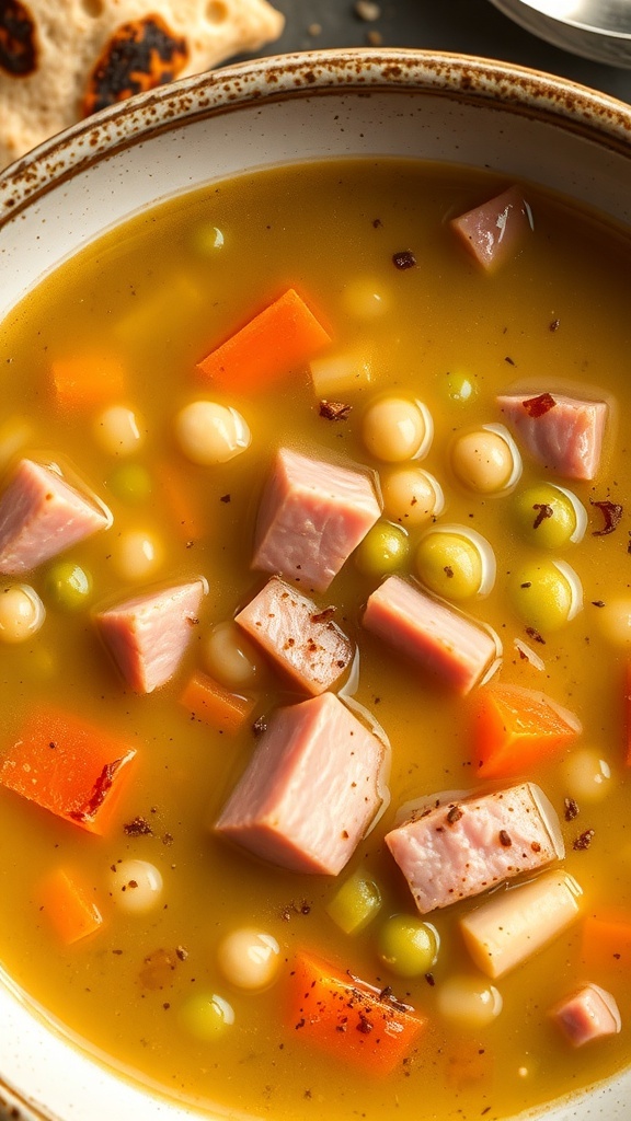 A bowl of split pea and ham soup with green peas and ham chunks in a rich broth.