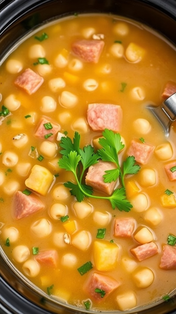 A bowl of split pea soup with ham in a crock pot, featuring green peas, diced ham, and herbs.