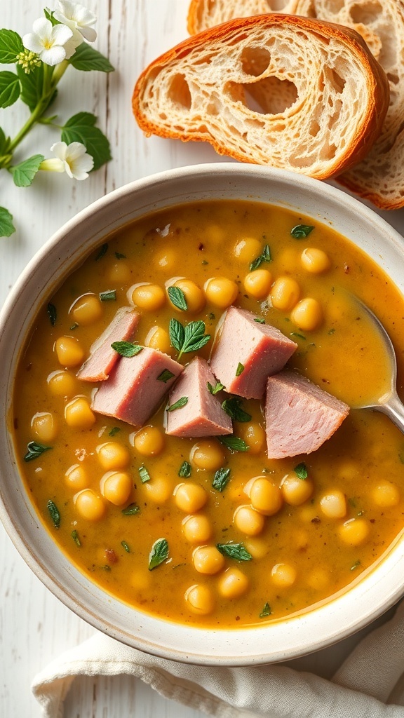 A bowl of split pea soup with ham, garnished with herbs, alongside slices of bread.